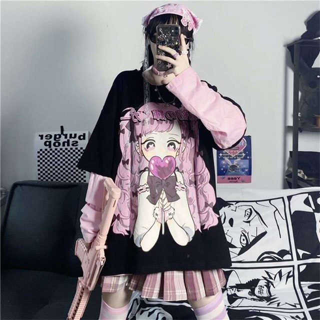 Moletom Kawaii de manga comprida feminino, Emo Anime, Hip Hop